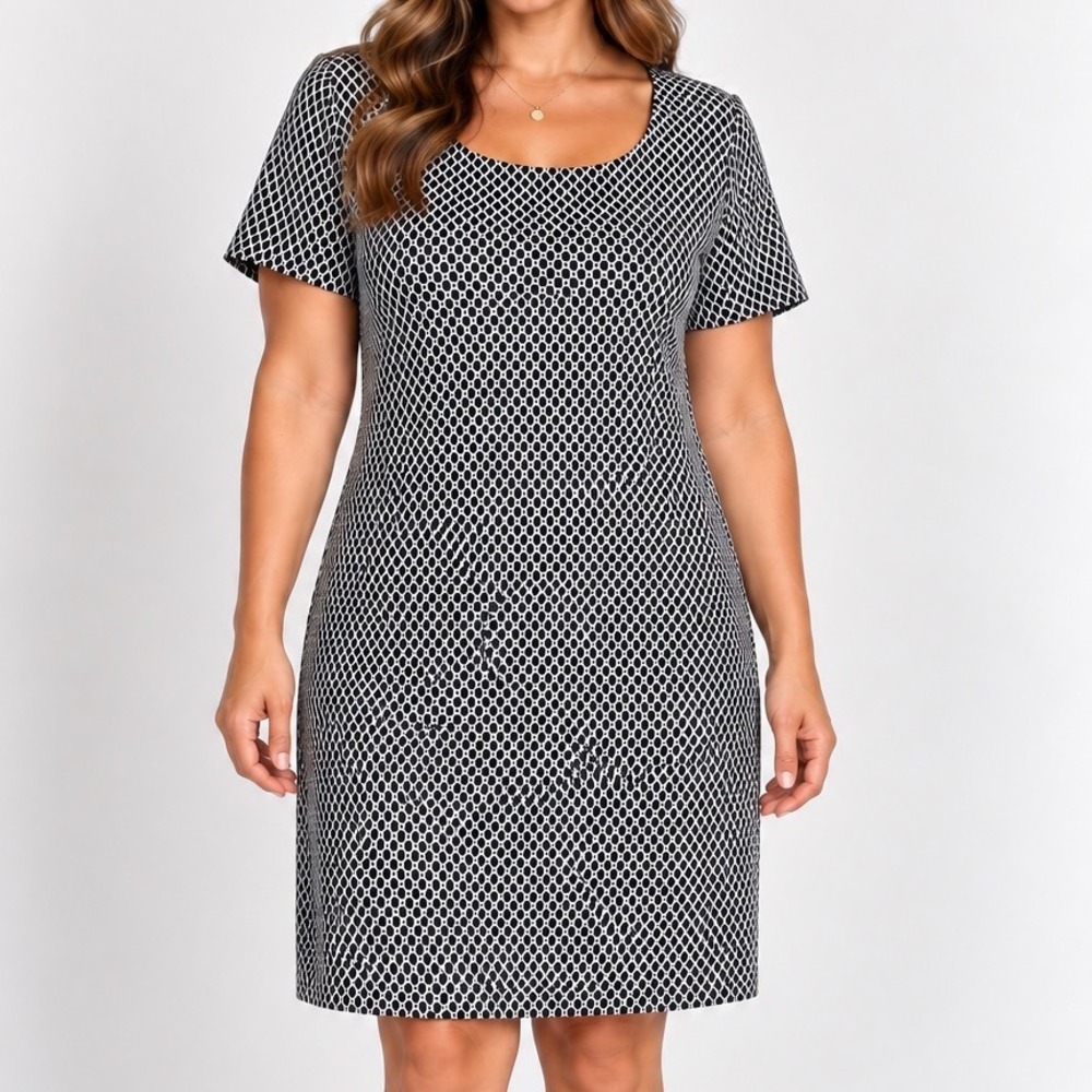 Calvin Klein Black White Geometric Shift Dress Size 16 Short Sleeve 35 Inch